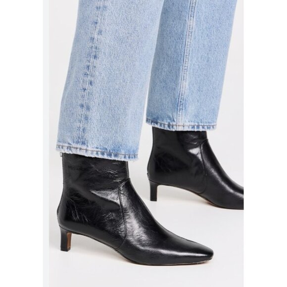 Madewell Black Leather Ankle Boots Women 9.5 Square Toe Kitten Heel Zip Booties